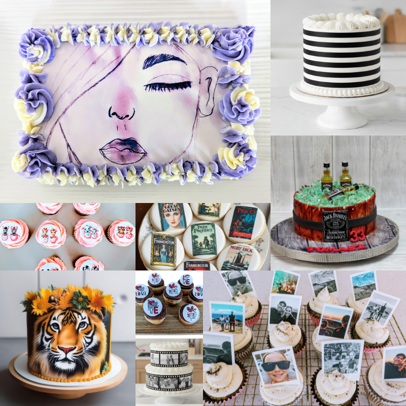 Collage of various decorated cakes and cupcakes with different themes all created using edible frosting sheets