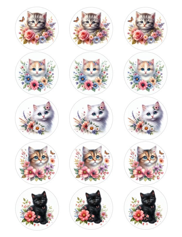 Custom Printed Icing Sheets -Watercolor Cats with Flowers - 2 inch circles