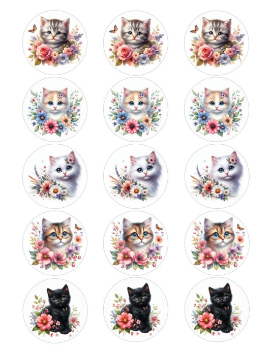 Custom Printed Icing Sheets -Watercolor Cats with Flowers - 2 inch circles