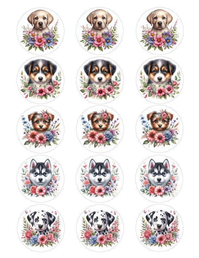 Watercolor Dogs with Flowers - 2 inch circles
