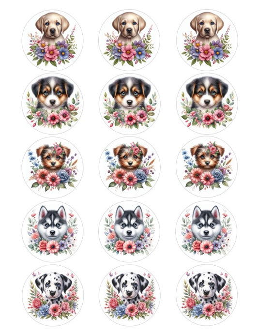 Watercolor Dogs with Flowers - 2 inch circles