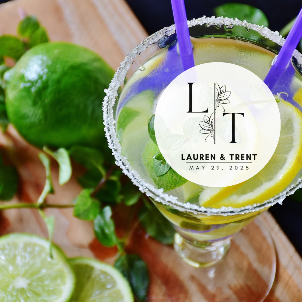 Wedding Cocktail Toppers with Flowers - Custom Names, Initials, & Date