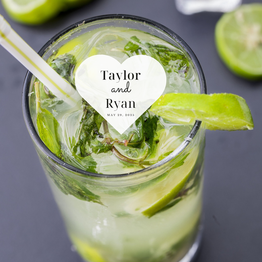 Wedding Cocktail Garnish - Heart-Shaped - Custom Names & Date