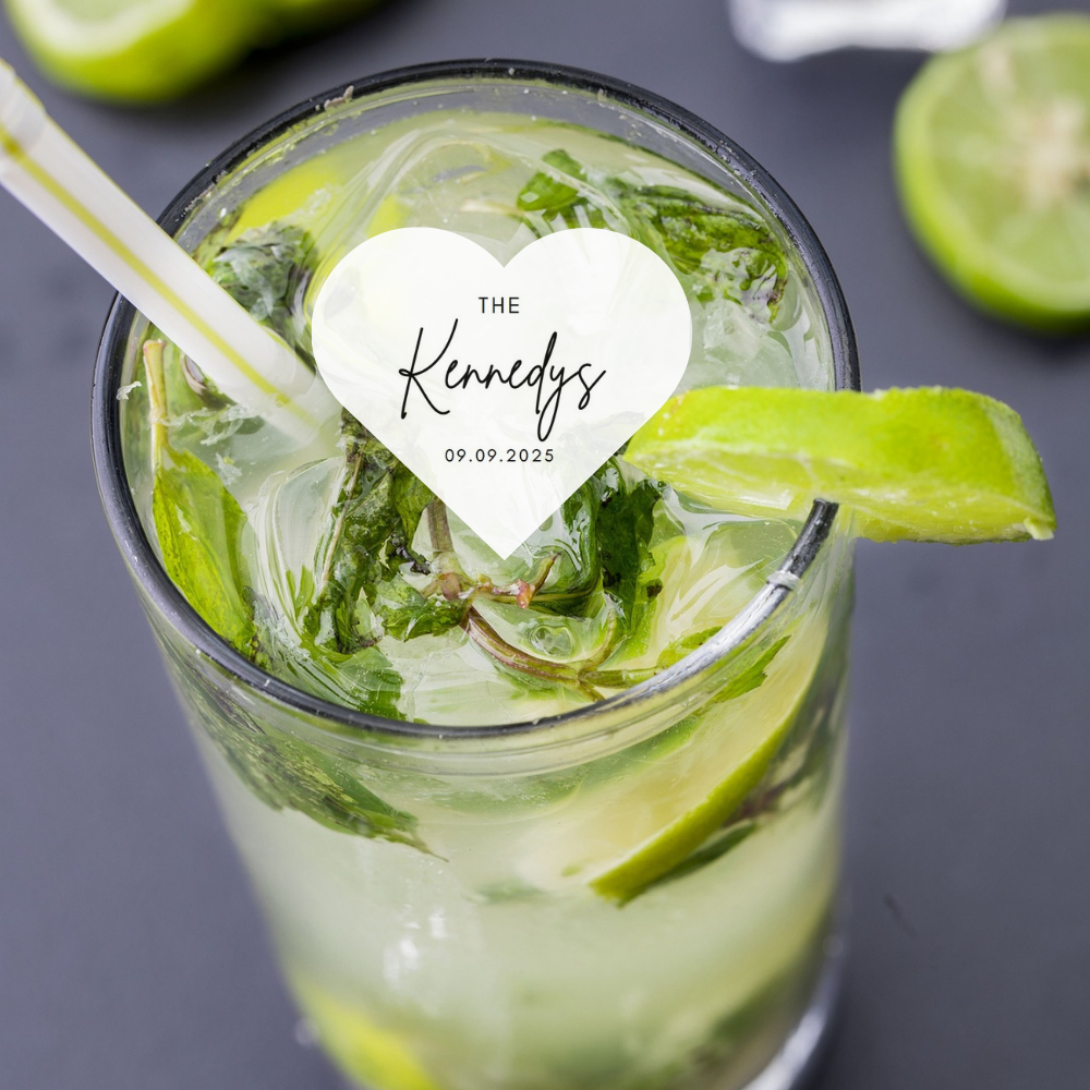 Wedding Drink Toppers - Heart-Shaped - Custom Last Name & Date