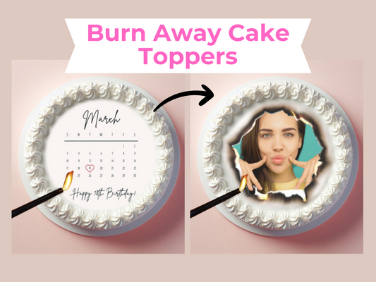 Cake topper with calendar and photo, showing how to burn away the photo.
