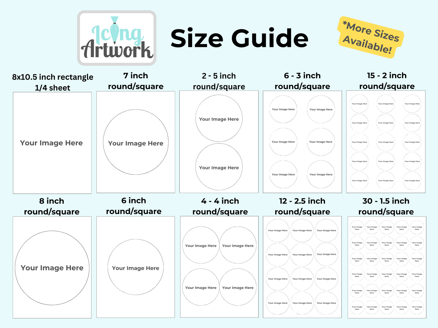 Custom Printed Edible Cake, Cupcake, & Cookie Toppers -Size Guide