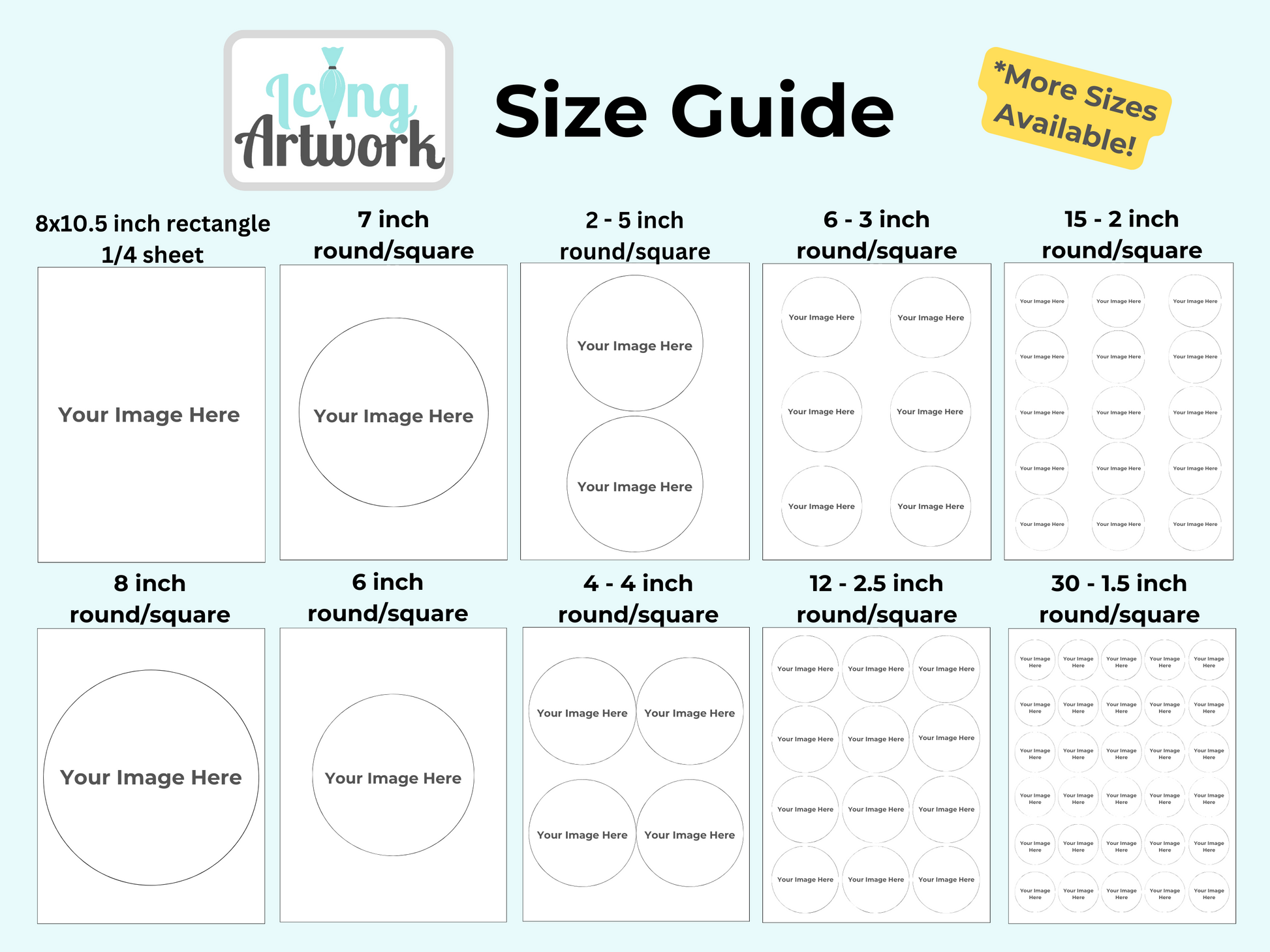 Custom Printed Edible Cake, Cupcake, & Cookie Toppers -Size Guide