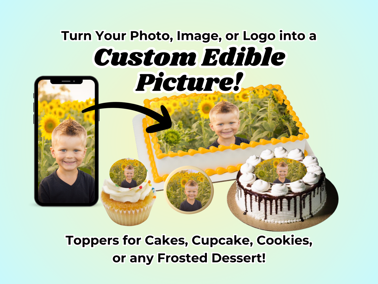 Custom Printed Edible Cake, Cupcake, & Cookie Toppers - Multi-Sizes