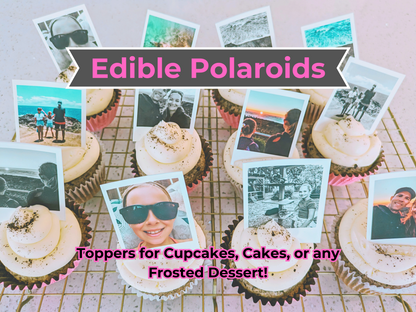Edible polaroid toppers on cupcakes with text overlay on a pink background