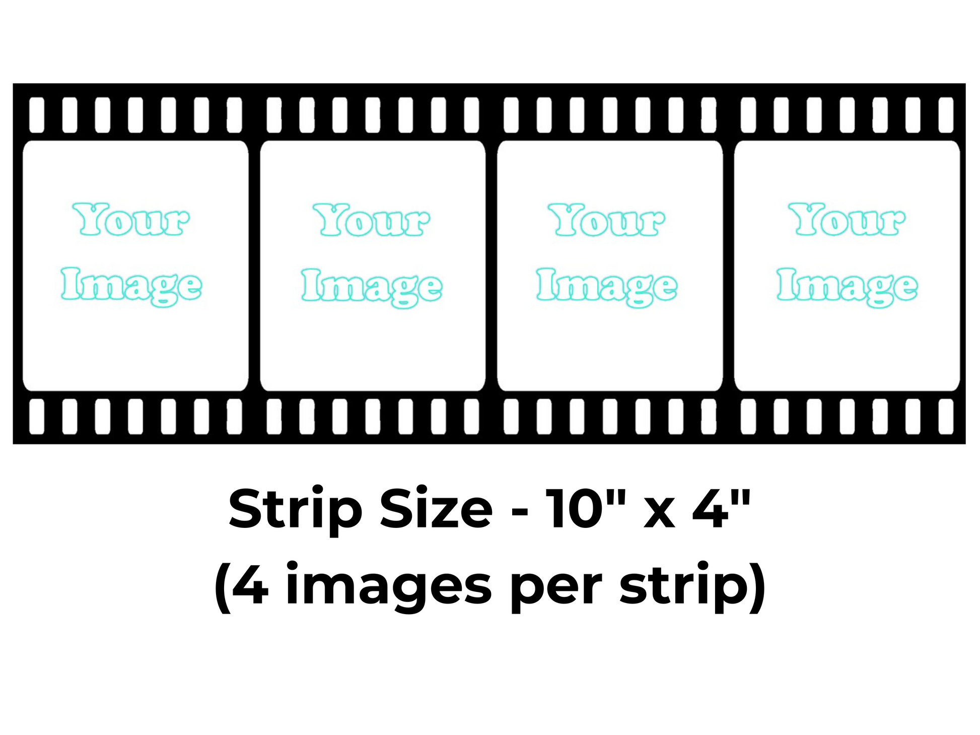 Template for a photo strip with four image slots and dimensions indicated.