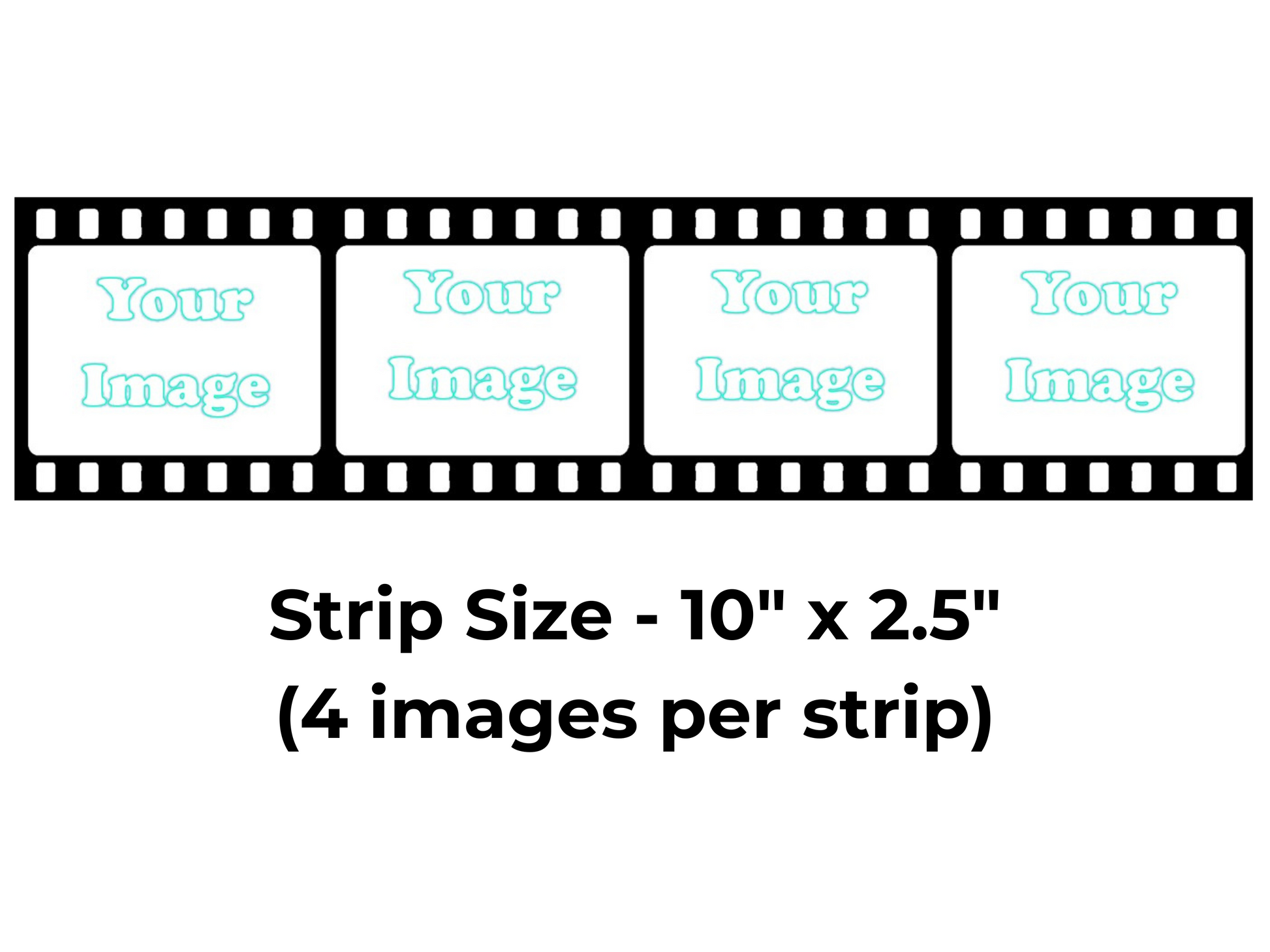 Film strip template with four image placeholders and dimensions on a white background