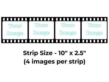 Film strip template with four image placeholders and dimensions on a white background