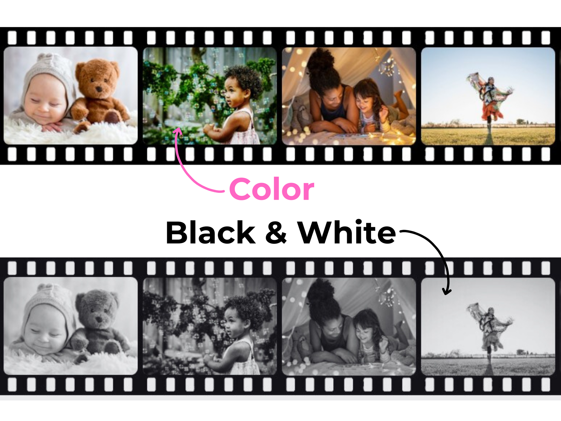 Film strip with color and black & white options, featuring images of a baby, teddy bear, and people.