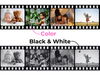 Film strip with color and black & white options, featuring images of a baby, teddy bear, and people.