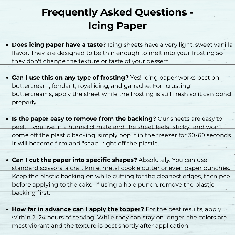FAQ sheet about icing paper with text on a white background