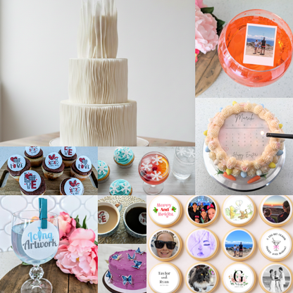 Collage of various cakes and cookies with personalized designs and photos made with edible wafer paper