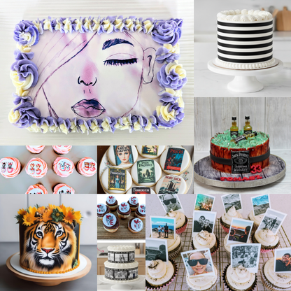 Collage of various decorated cakes and cupcakes with different themes all created using edible frosting sheets