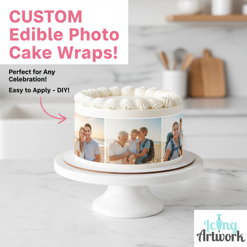 Cake with custom edible photo wrap on a white cake stand in a kitchen setting