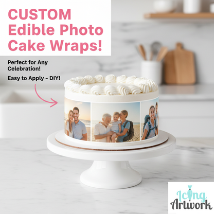 Cake with custom edible photo wrap on a white cake stand in a kitchen setting