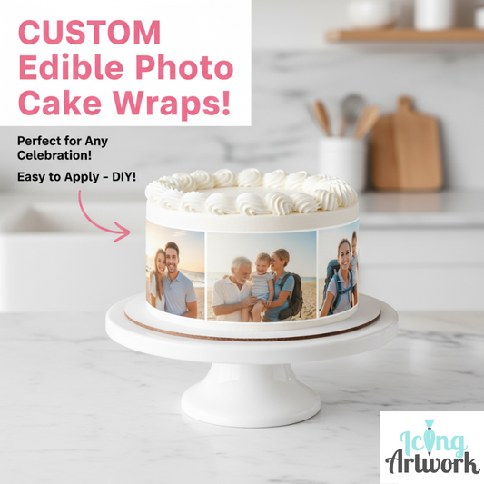 Cake with custom edible photo wrap on a white cake stand in a kitchen setting