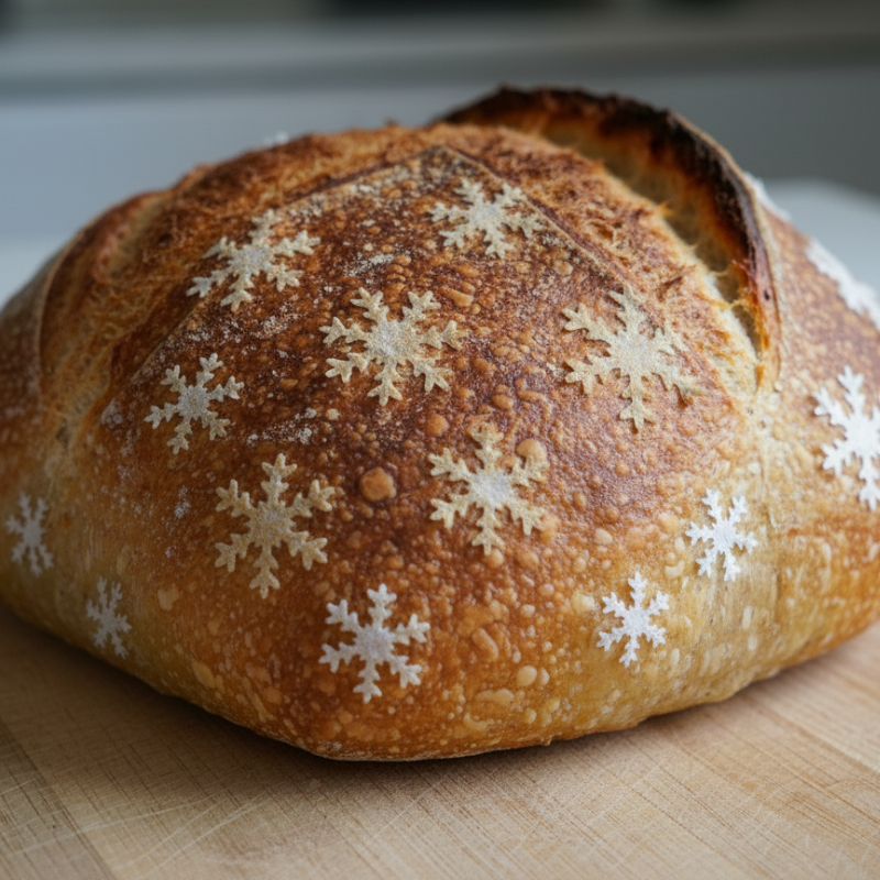 Loaf of sourdough bread with pre-cut wafer paper snowflakes on a wooden surface