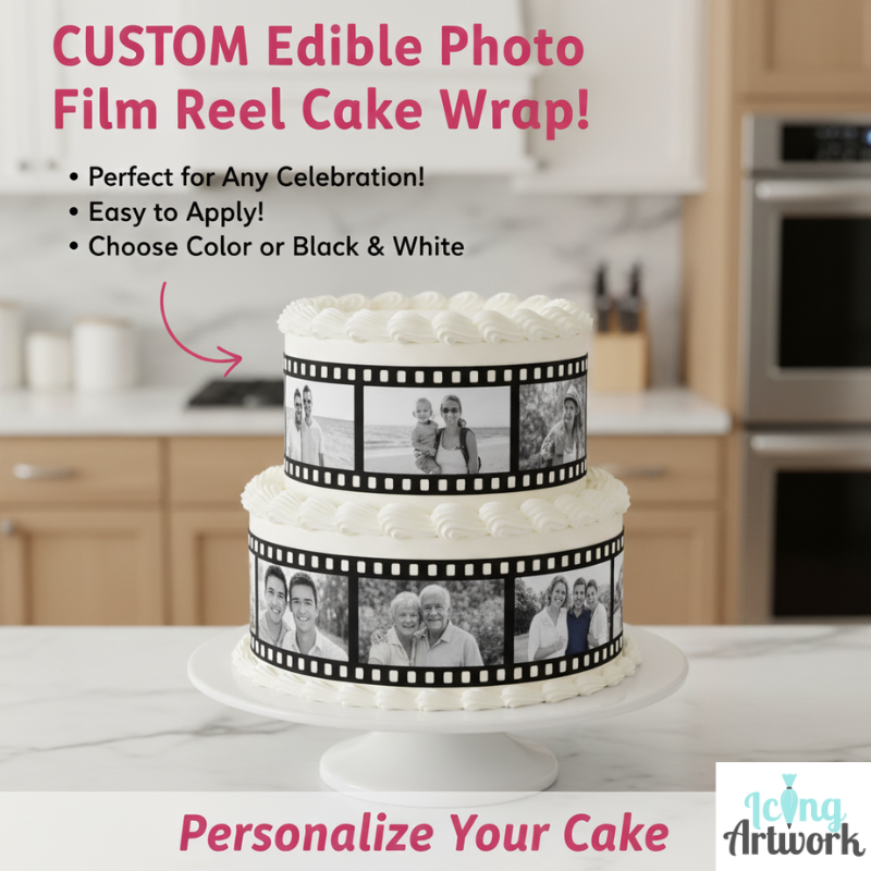 Two-tiered cake with a edible film reel cake wrap featuring photos, set in a kitchen.