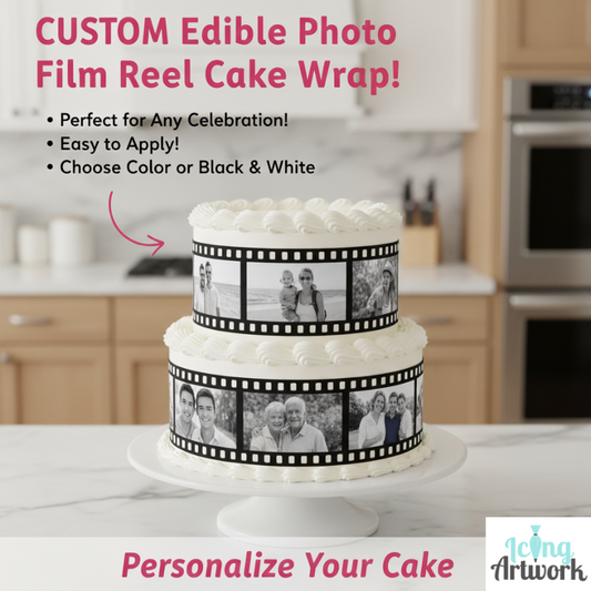 Two-tiered cake with a edible film reel cake wrap featuring photos, set in a kitchen.