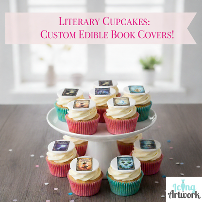 Cupcakes with edible book covers on a tiered stand with 'Literary Cupcakes: Custom Edible Book Covers!' text.