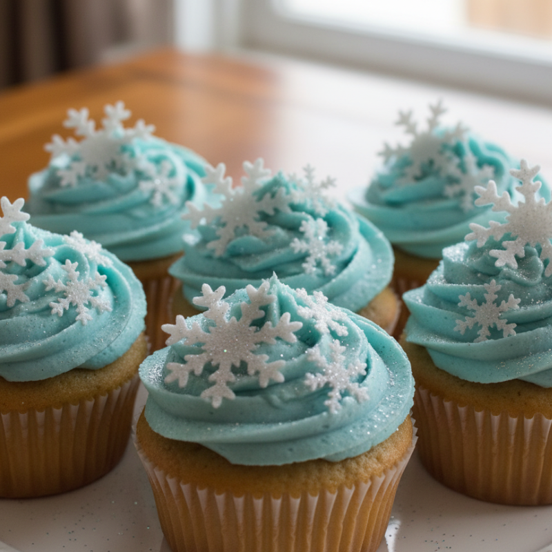 Cupcakes with blue frosting and edible snowflake cupcake toppers on a wooden table.