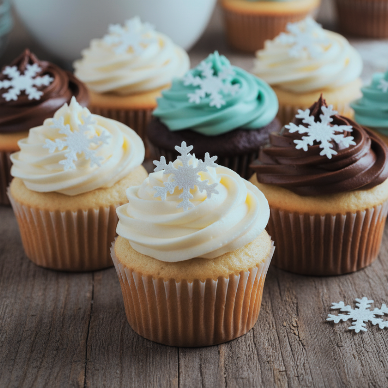 Decorative cupcakes with various frostings and edible snowflake wafer paper cupcake toppers on a wooden surface.