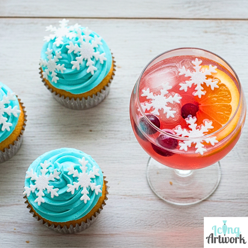 Cupcakes with blue icing and  edible snowflake decorations next to a glass of red cocktail with fruit and snowflake garnish on a wooden surface.