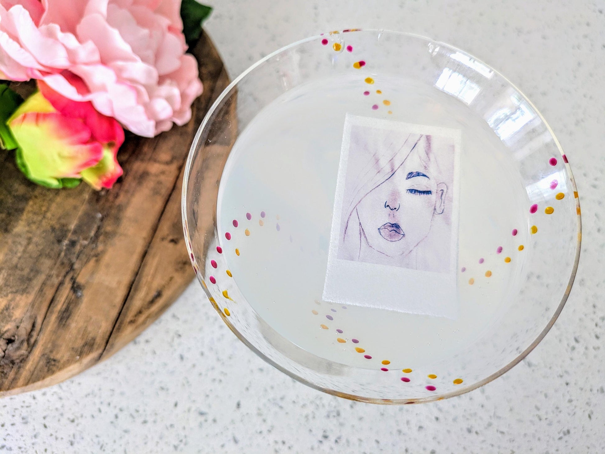 Edible polaroid drink topper with a personalized drawing