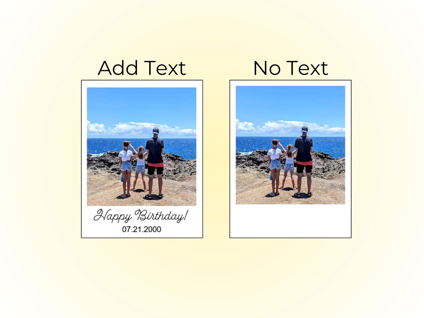 Polaroid drink topper text options 'Add Text' and 'No Text'.