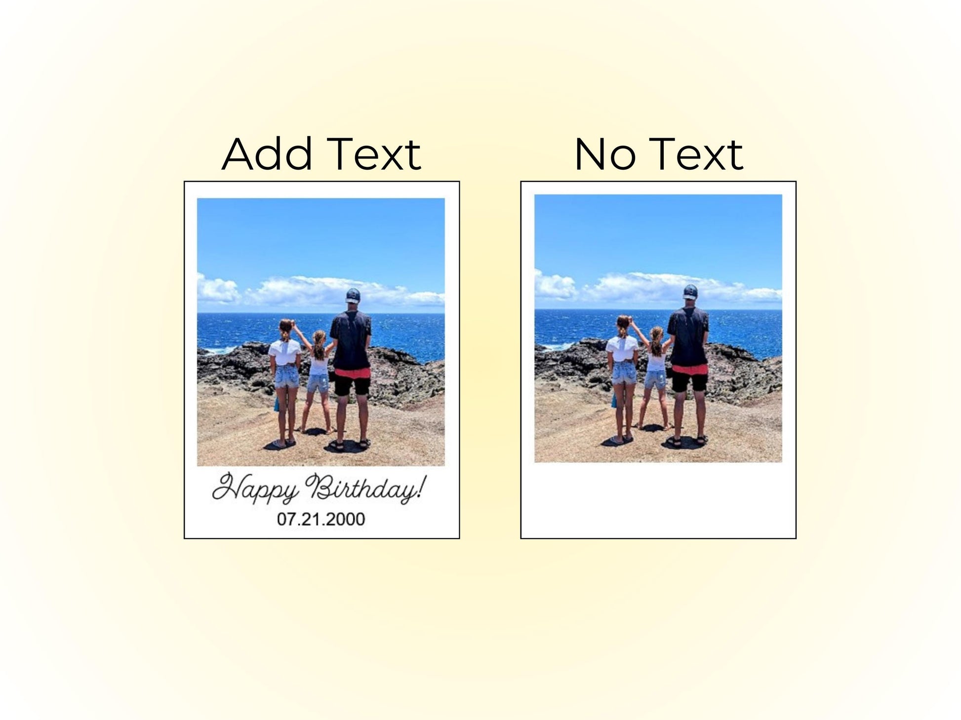 Polaroid drink topper text options 'Add Text' and 'No Text'.