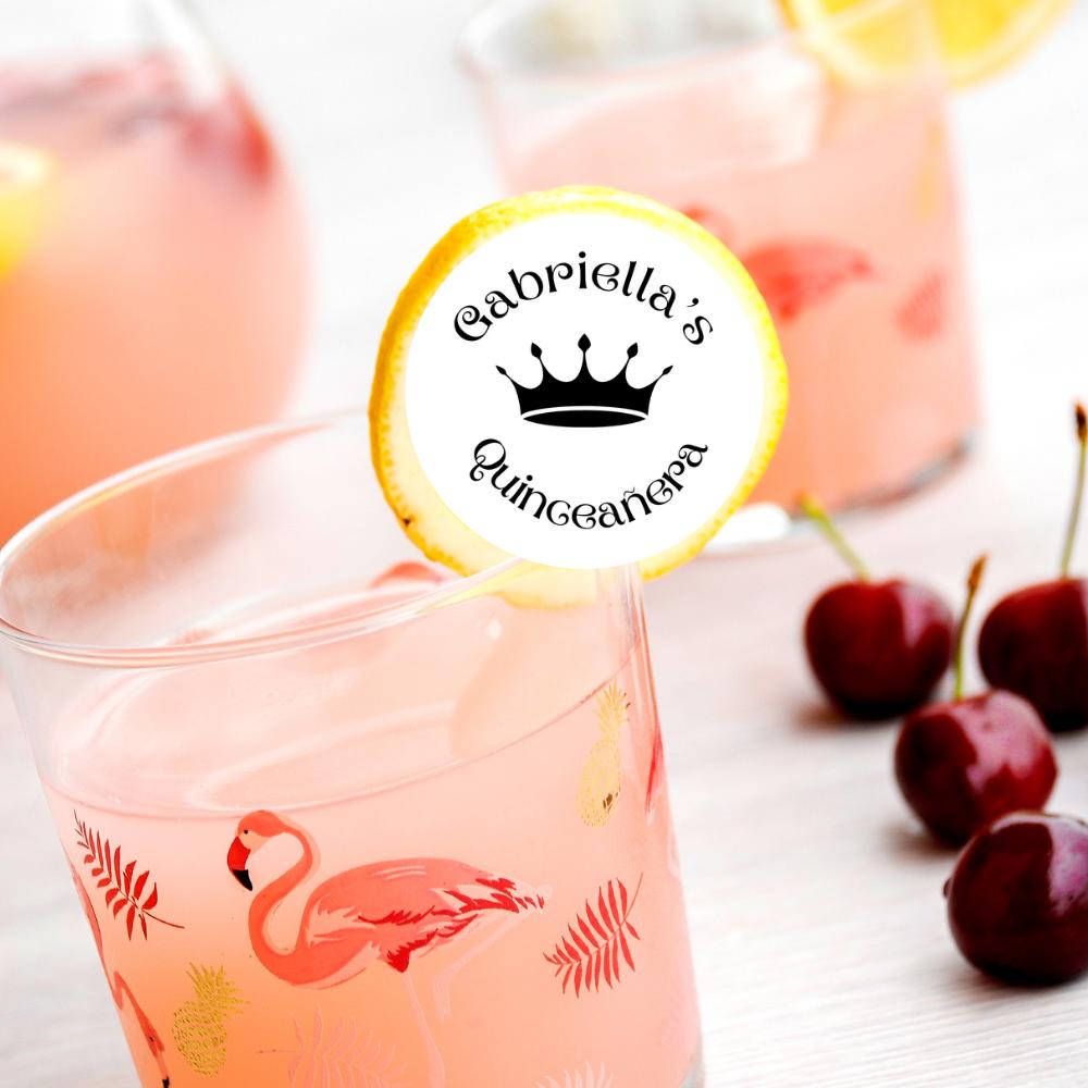 Pink drink with flamingo design, cherries, and a 'Cabrilla's Quinceanera' label.