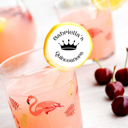 Pink drink with flamingo design, cherries, and a 'Cabrilla's Quinceanera' label.