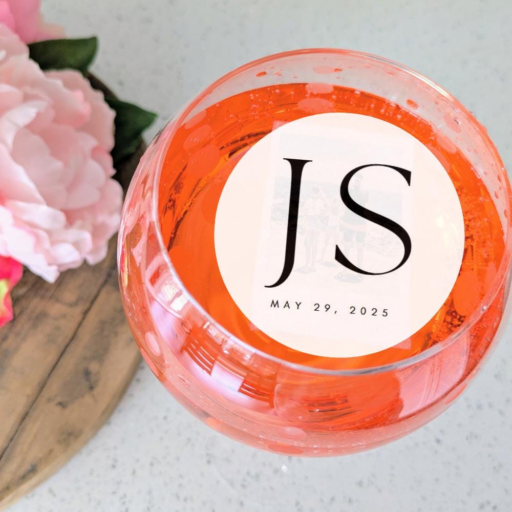 Personalized drink topper with initials 'JS' and date 'May 29, 2025' on a white background with pink flowers.