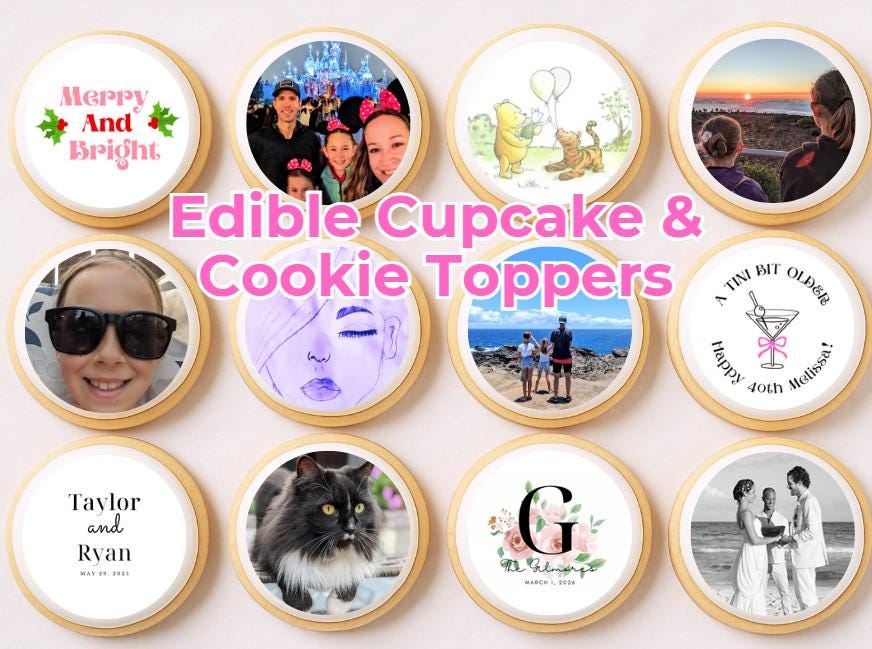 Edible cupcake and cookie toppers with various designs including people, animals, and text.