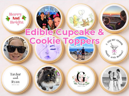 Edible cupcake and cookie toppers with various designs including people, animals, and text.