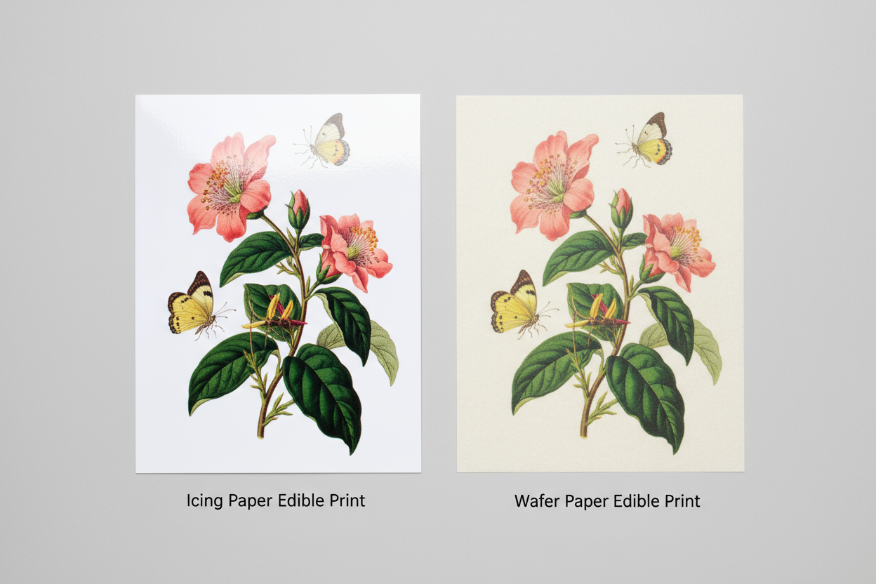 A photo comparing an Icing Paper Edible Image to a Wafer Paper Edible Image